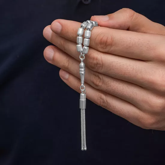 Gümüş Kapsül Kesim Çizgili Erkek Tesbih