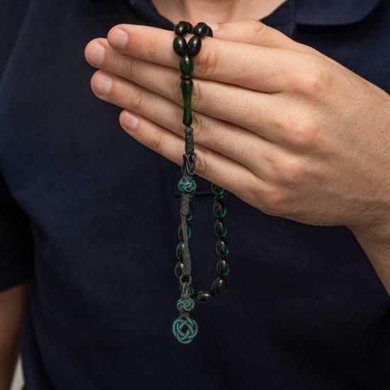 Gümüş Kazaz Püsküllü Yeşil Sıkma Kehribar Tesbih