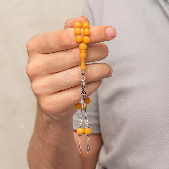 Gümüş Püsküllü Sarı Yuvarlak Sıkma Kehribar Tesbih