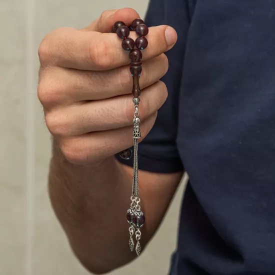 Gümüş Püsküllü Deniz Mavisi Yuvarlak Sıkma Kehribar Tesbih