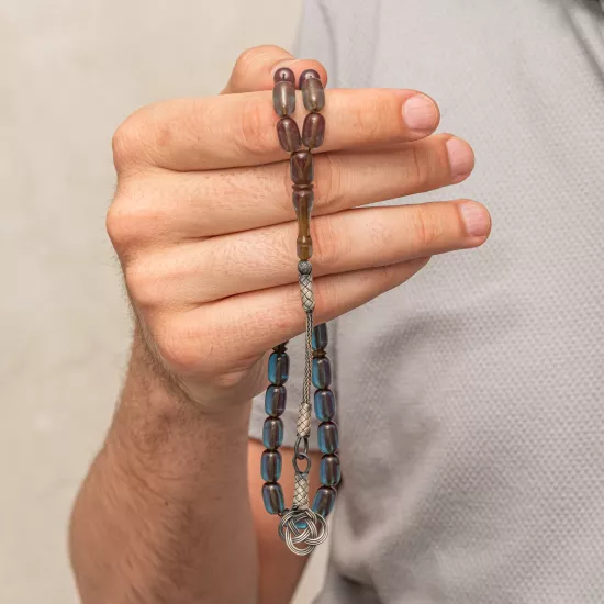 Gümüş Kazaz Püsküllü Kapsül Kesim Mavi Sıkma Kehribar Tesbih