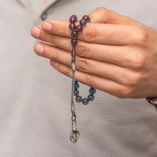 Gümüş Kazaz Püsküllü Şeffaf Mavi Sıkma Kehribar Tesbih
