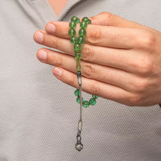 Gümüş Top Kazaz Püsküllü Yeşil Sıkma Kehribar Tesbih