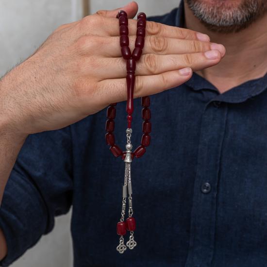 Metal Püsküllü Kapsül Kesim Bordo Sıkma Kehribar Tesbih