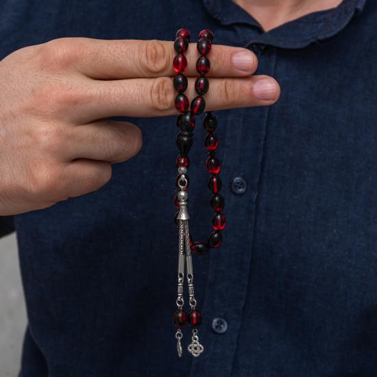 Metal Püsküllü Bordo Siyah Sıkma Kehribar Tesbih