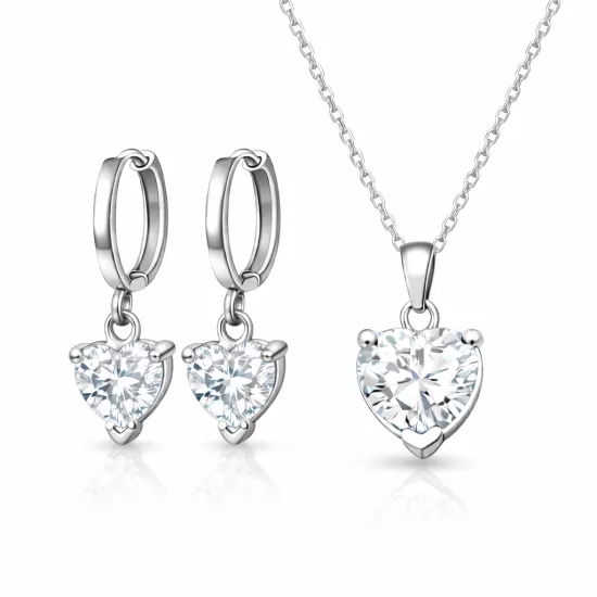 Gümüş Beyaz Taşlı Kalpli Kadın Set