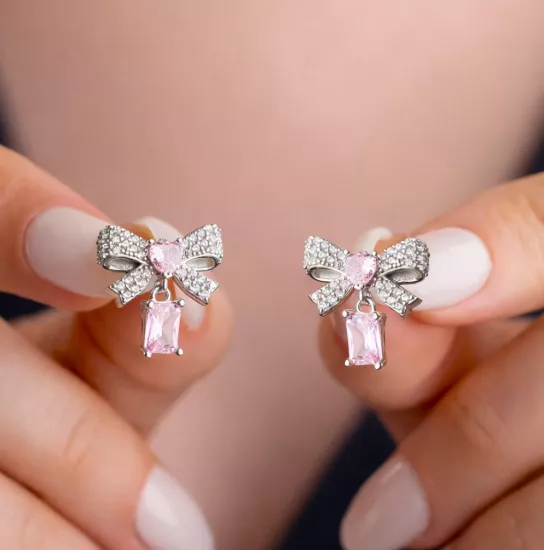 Gümüş Pembe Taşlı Fiyonk Kadın Küpe