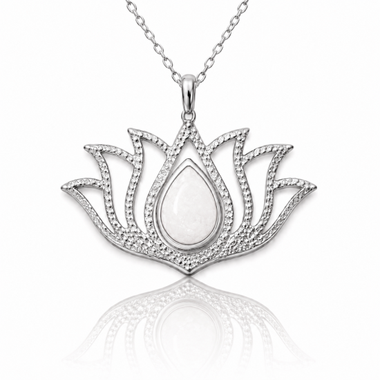 Gümüş Beyaz Opal Taşlı Lotus Kadın Kolye