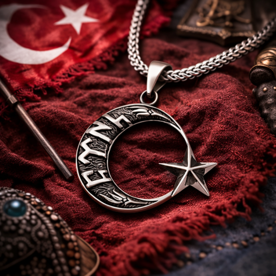 Gümüş Göktürkçe Türk Yazılı Ay Yıldız Erkek Kolye
