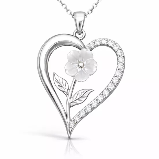 Gümüş Kalpli Beyaz Gül Kadın Kolye
