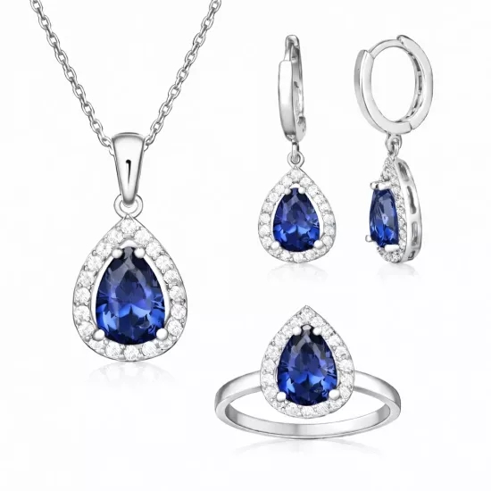 Gümüş Lacivert Zirkon Taşlı Damla Kadın Set