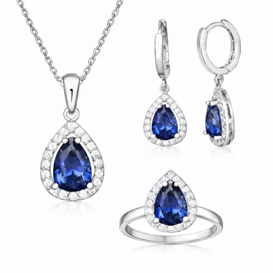 Gümüş Lacivert Zirkon Taşlı Damla Kadın Set