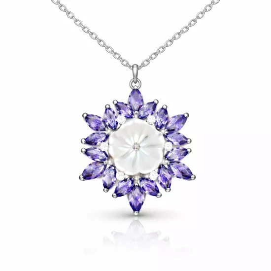 Gümüş Mor Lotus Desenli Çiçek Kadın Kolye