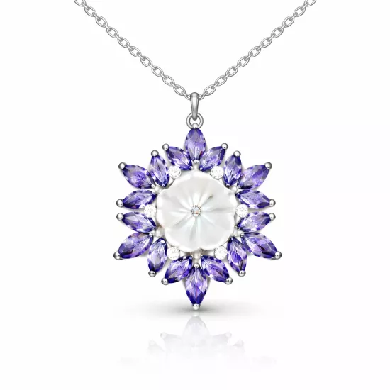 Gümüş Mor Lotus Desenli Çiçek Kadın Kolye