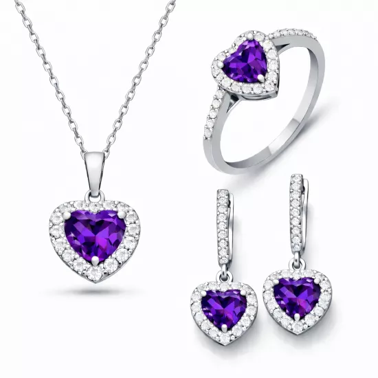 Gümüş Mor Taşlı Kalpli Kadın Set