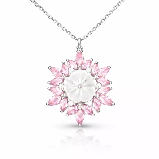 Gümüş Pembe Lotus Desenli Çiçek Kadın Kolye