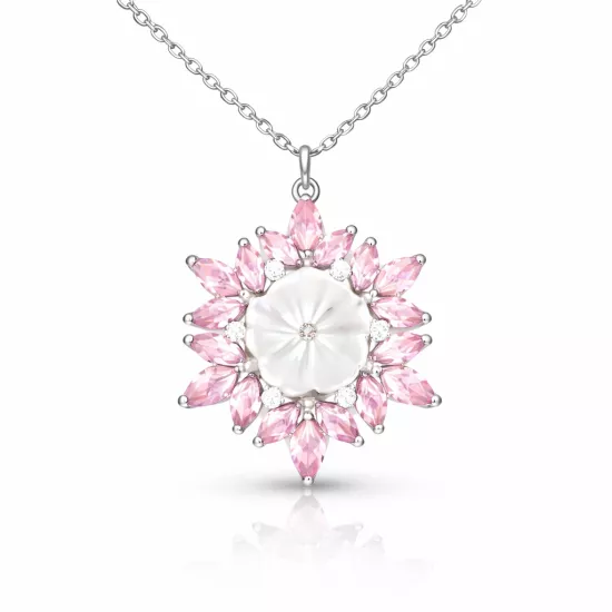 Gümüş Pembe Lotus Desenli Çiçek Kadın Kolye