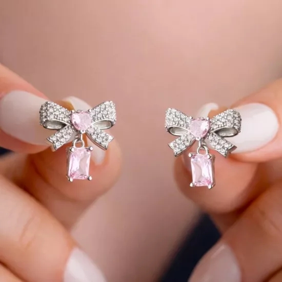 Gümüş Pembe Taşlı Fiyonk Kadın Küpe