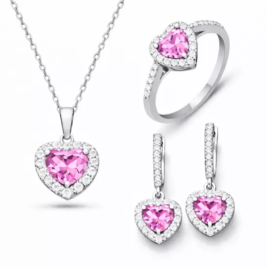 Gümüş Pembe Taşlı Kalpli Kadın Set