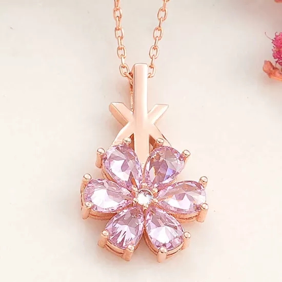 Gümüş Rose Pembe Sevgi Çiçeği Kadın Kolye