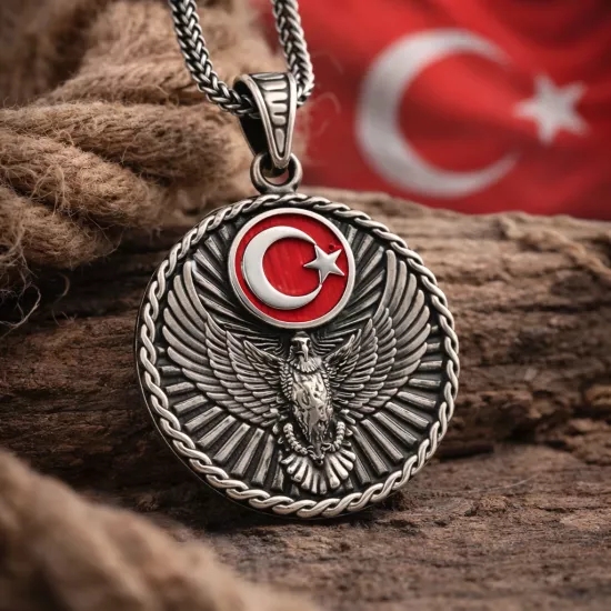 Gümüş Türk Kartalı ve Ay Yıldız Motifli Kolye