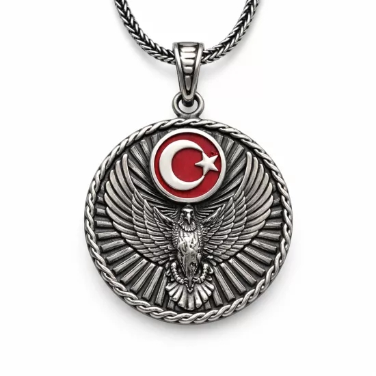 Gümüş Türk Kartalı ve Ay Yıldız Motifli Kolye