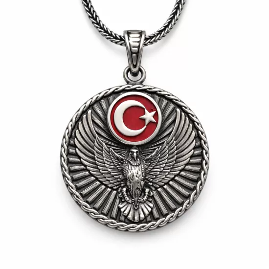 Gümüş Türk Kartalı ve Ay Yıldız Motifli Kolye
