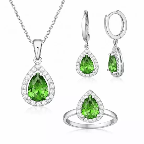 Gümüş Yeşil Zirkon Taşlı Damla Kadın Set