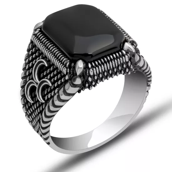 Gümüş Üç Hilal Oniks Erkek Yüzük