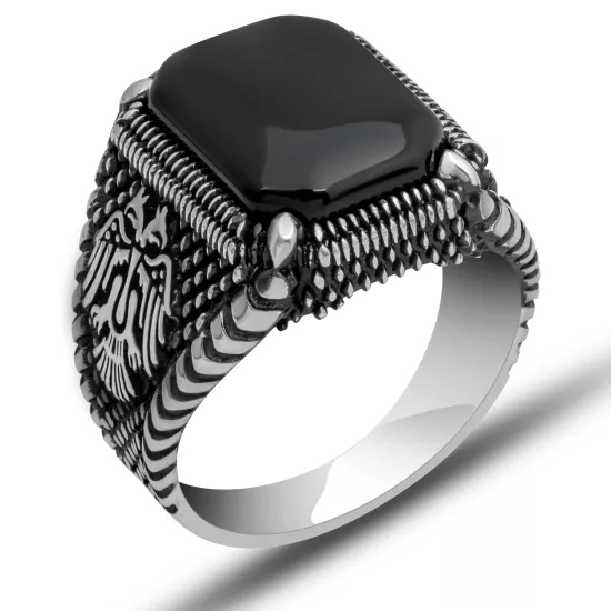 Gümüş Çift Başlı Kartal Oniks Erkek Yüzük