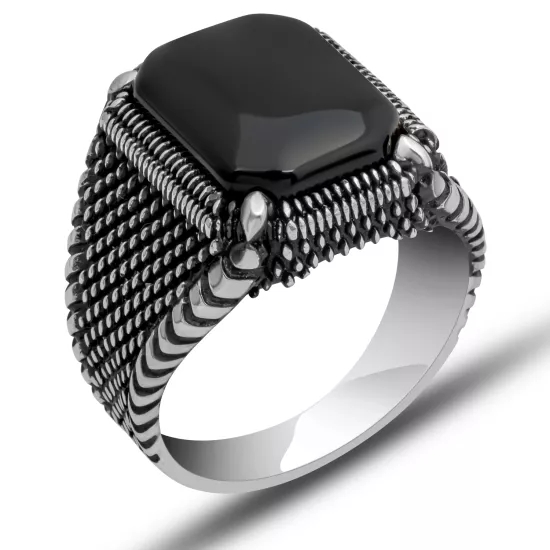 Gümüş Oniks Taşlı Erkek Yüzük