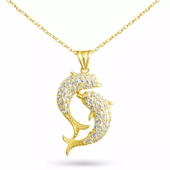 Gümüş Gold Çift Yunus Balığı Kadın Kolye