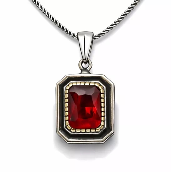 Gümüş Kırmızı Taşlı Dikdörtgen Kadın Kolye