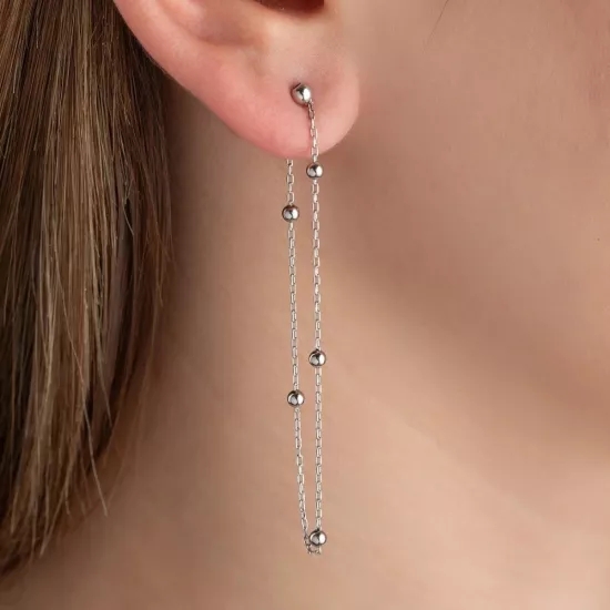 Gümüş Çift Zincirli Top Detaylı Kadın Küpe