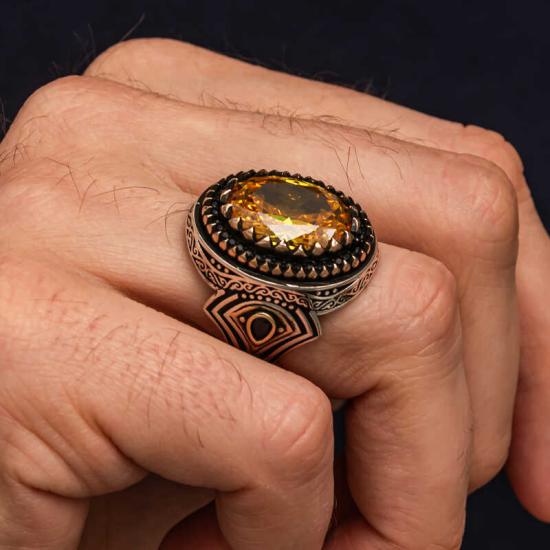 Gümüş Sarı Sitrin Taşlı Desenli Erkek Yüzük