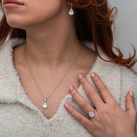 Gümüş Beyaz Zirkon Taşlı Damla Kadın Set