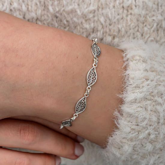 Gümüş Telkari Yaprak Desenli Kadın Bileklik
