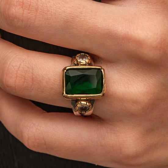 Gümüş Yeşil Zirkon Taşlı Otantik Kadın Yüzük