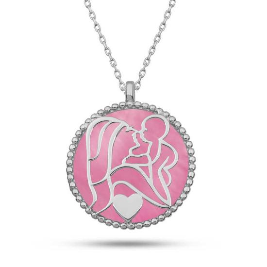 Gümüş Pembe Sedef Taşlı Anne Çocuk Sevgisi Kolye