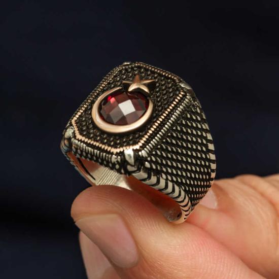 Gümüş Kırmızı Taşlı Ay Yıldız Erkek Yüzük