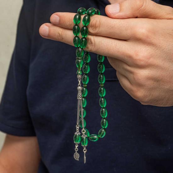 Gümüş Püsküllü Yeşil Ateş Kehribar Tesbih