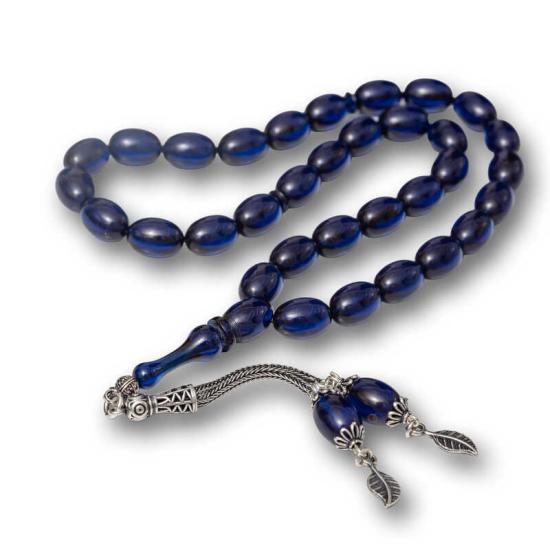 Gümüş Püsküllü Lacivert Sıkma Kehribar Tesbih