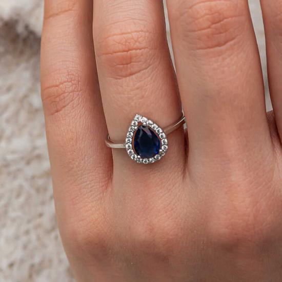 Gümüş Damla Safir Taşlı Kadın Yüzük