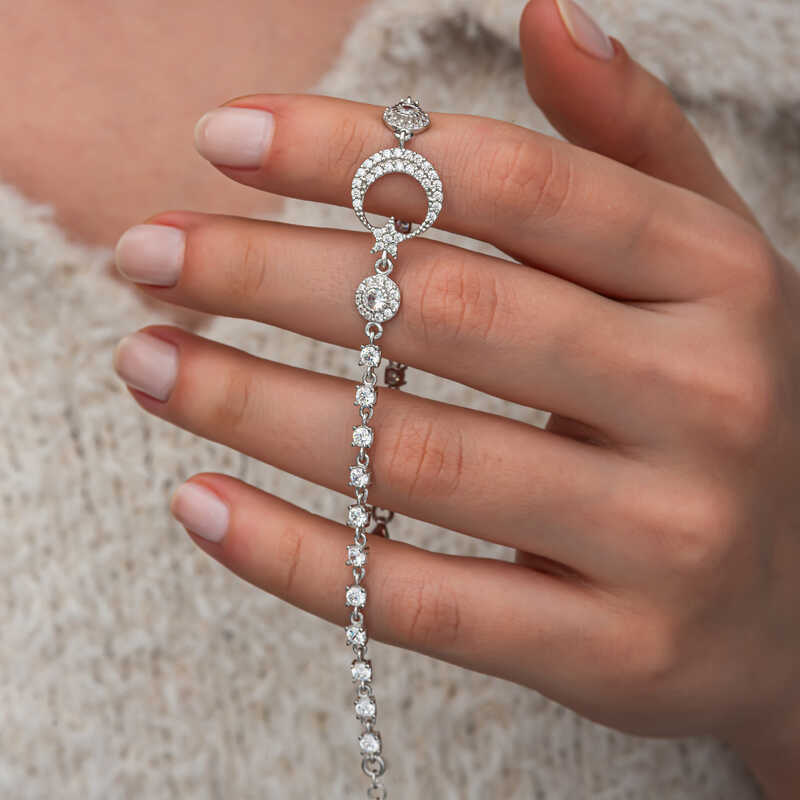 Gümüş Zirkon Taşlı Ay Yıldız Kadın Bileklik