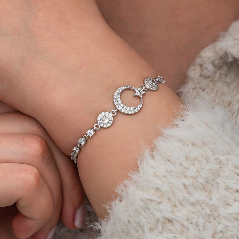 Gümüş Zirkon Taşlı Ay Yıldız Kadın Bileklik