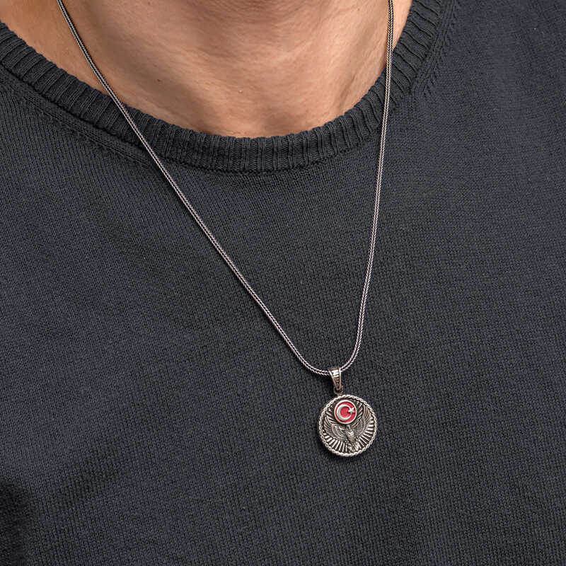 Gümüş Türk Kartalı ve Ay Yıldız Motifli Erkek Kolye