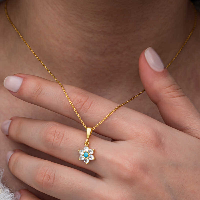 Gümüş Mavi Taşlı Gold Çiçek Kadın Kolye