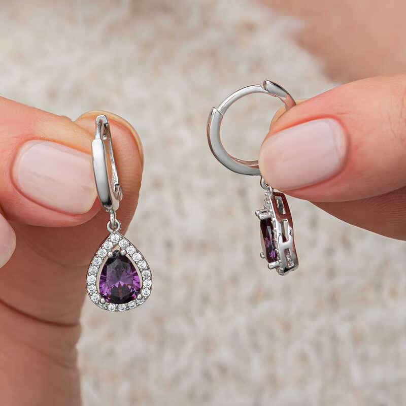 Gümüş Mor Zirkon Taşlı Damla Kadın Küpe