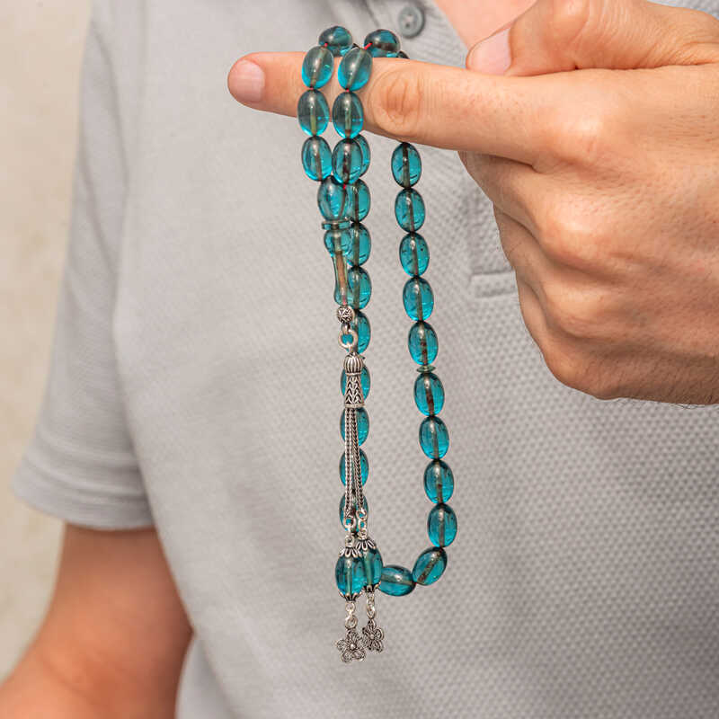 Gümüş Püsküllü Ateş Kehribar Tesbih