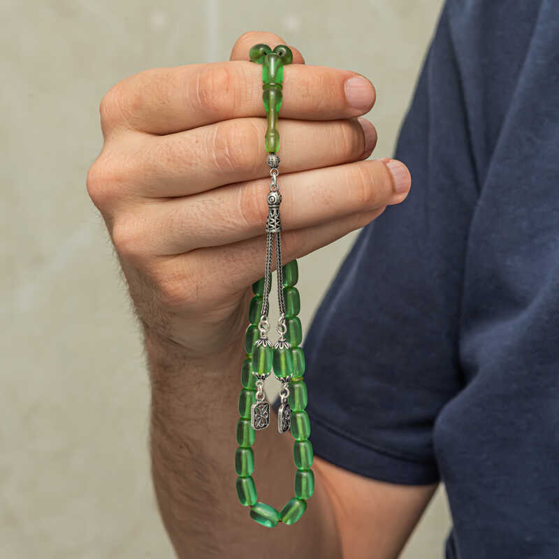 Gümüş Püsküllü Kapsül Kesim Sıkma Kehribar Tesbih